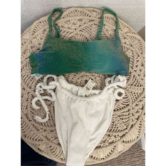Aerie Green Shimmer Top and White High Cut High Leg Cheeky Bikini Size Large - Picture 1 of 3